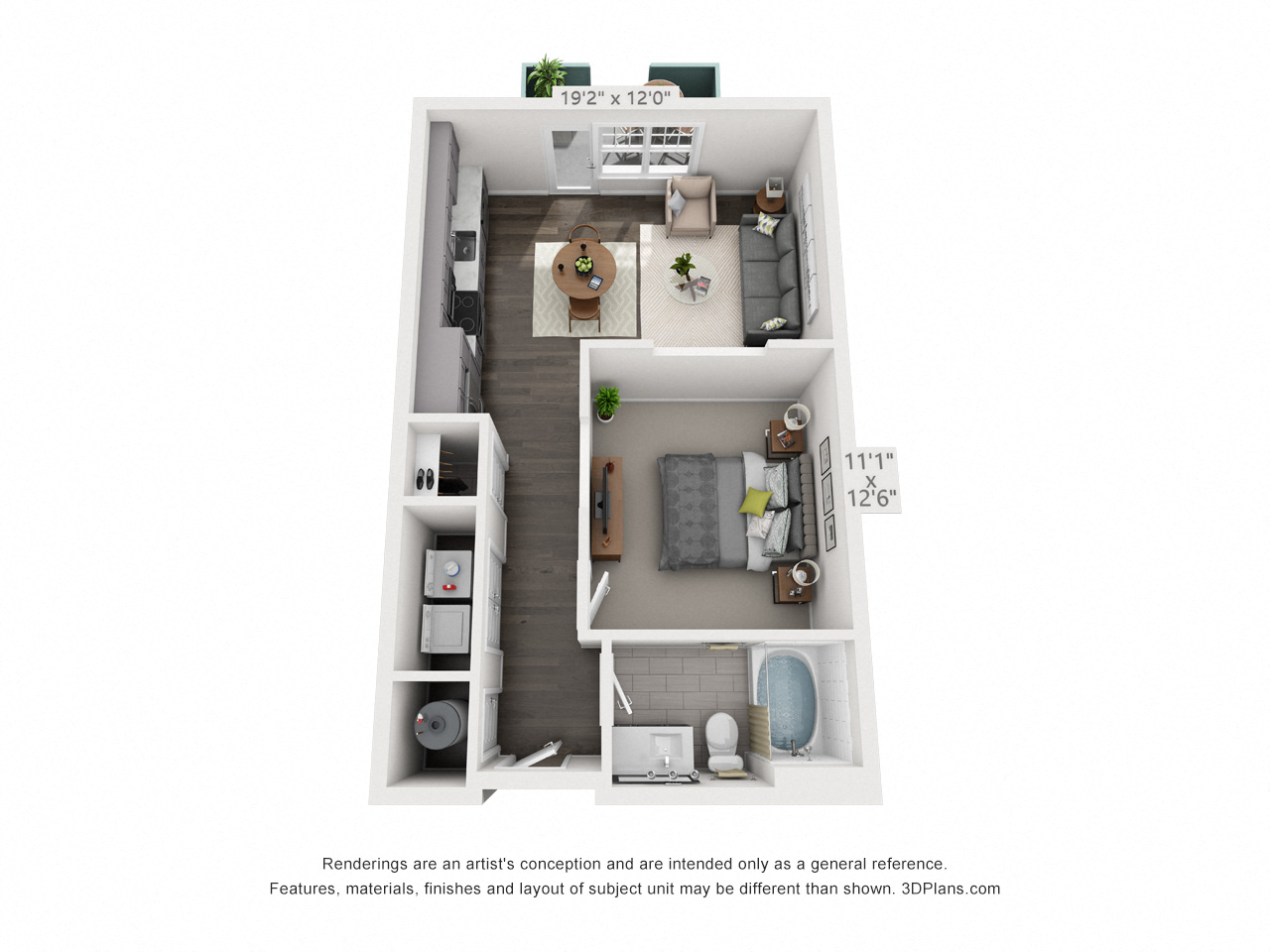 Floor plan for 1 bed, 1 bath, 593 sqft